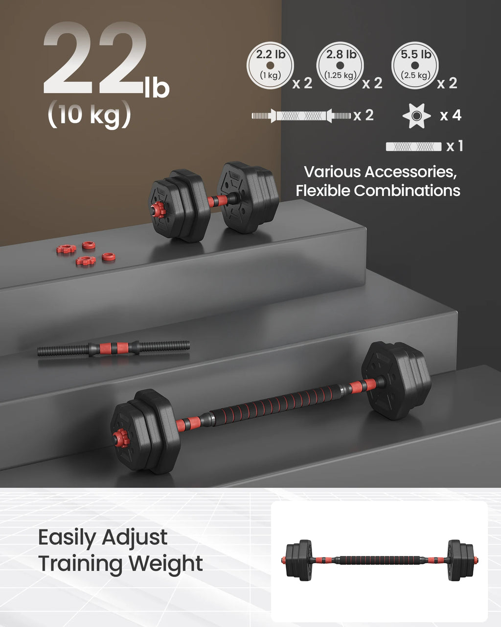 SONGMICS Dumbbell Set, 10 kg Weights with Connecting Bar, Hexagon, Adjustable Weight Plates, for Men Women Workout