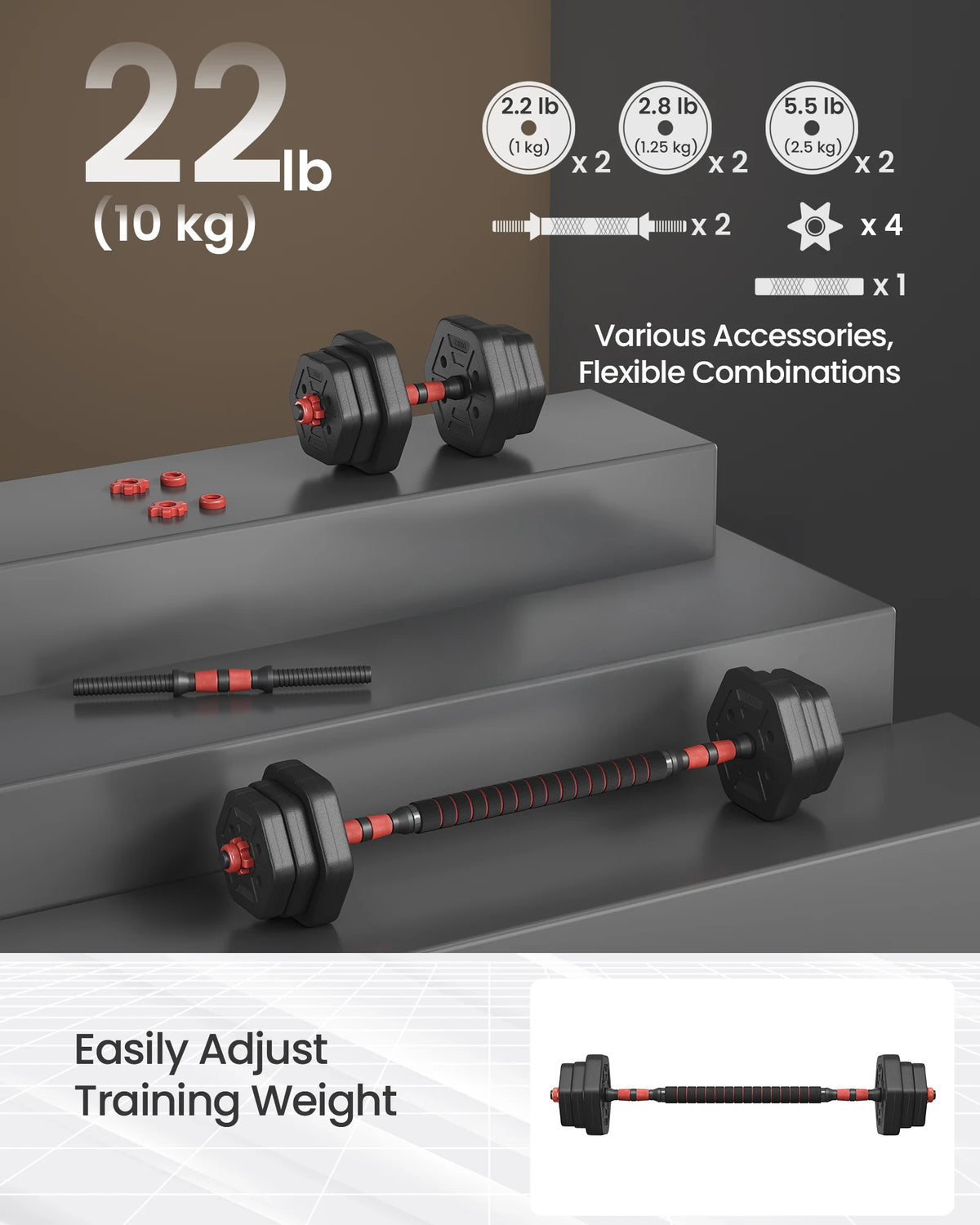 SONGMICS Dumbbell Set, 10 kg Weights with Connecting Bar, Hexagon, Adjustable Weight Plates, for Men Women Workout