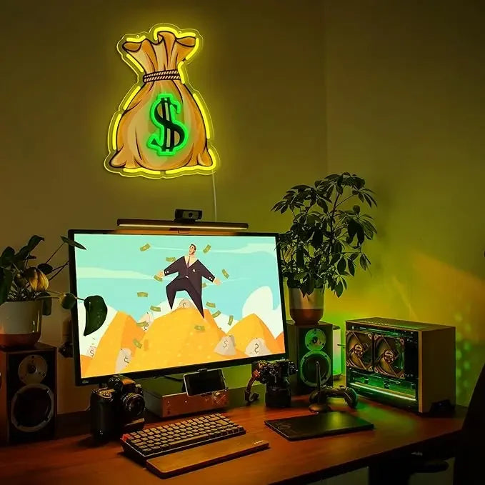 Money Bag Neon Sign USB Dimmable LED Neon Light Sign for Drink Bar Man Cave Bedroom Hotel Shop Garage Game Room Party Wall Decor