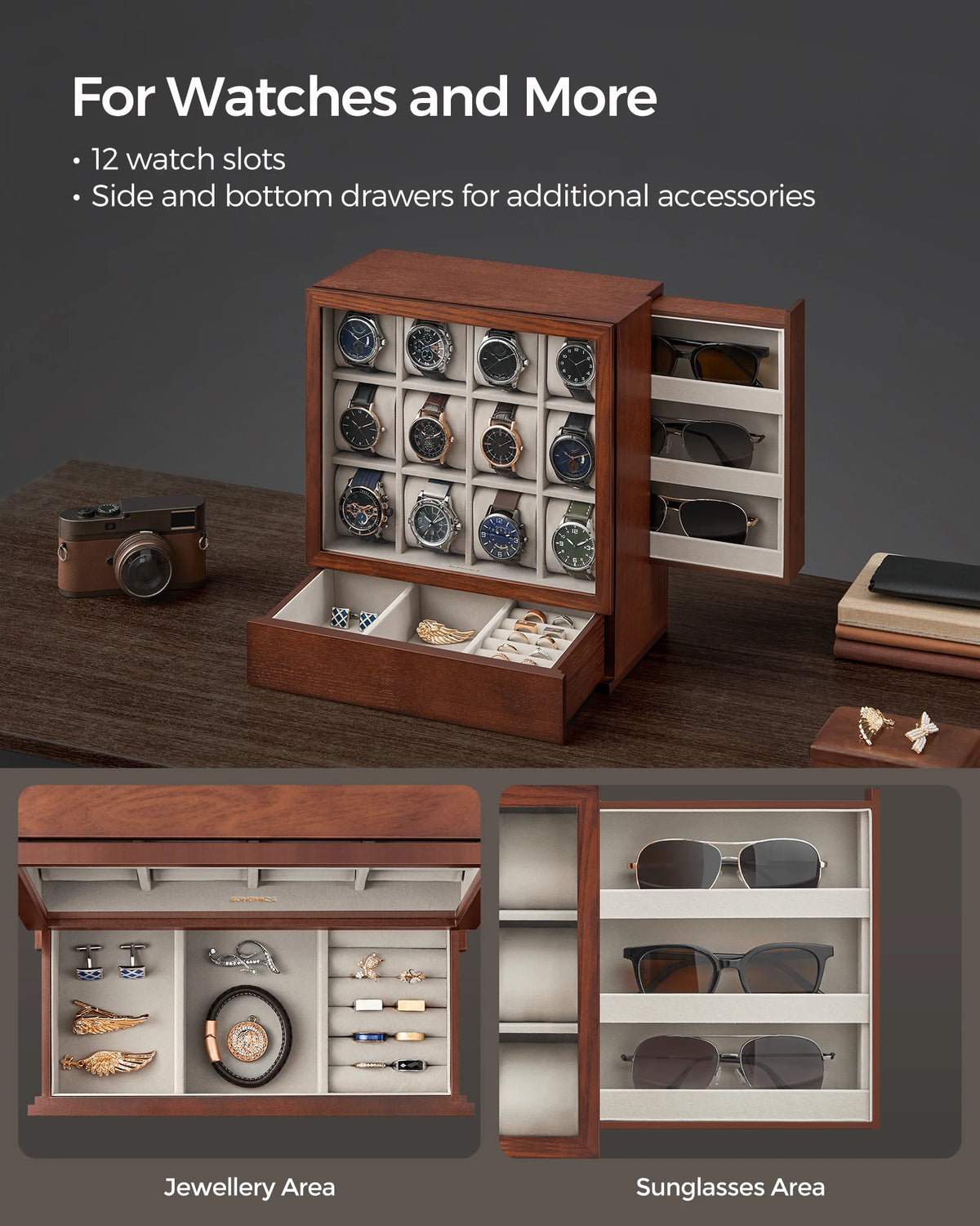 SONGMICS 12-Slot Wooden Watch Box, Watch Display Case with Window, Watch Display Cabinet with Solid Wood Veneer