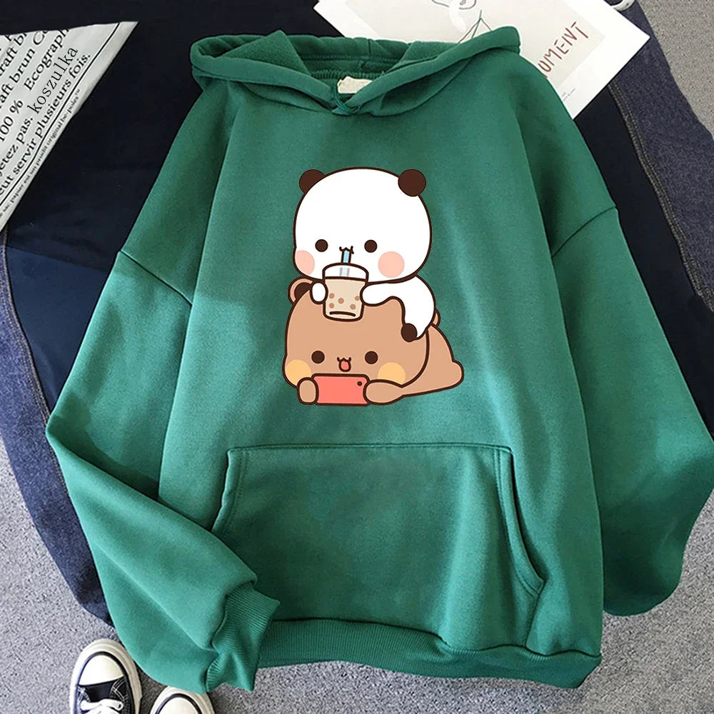 Bubu And Dudu Drink Bubble Tea Print Women Hoodie Kawaii Female Sweatshirt