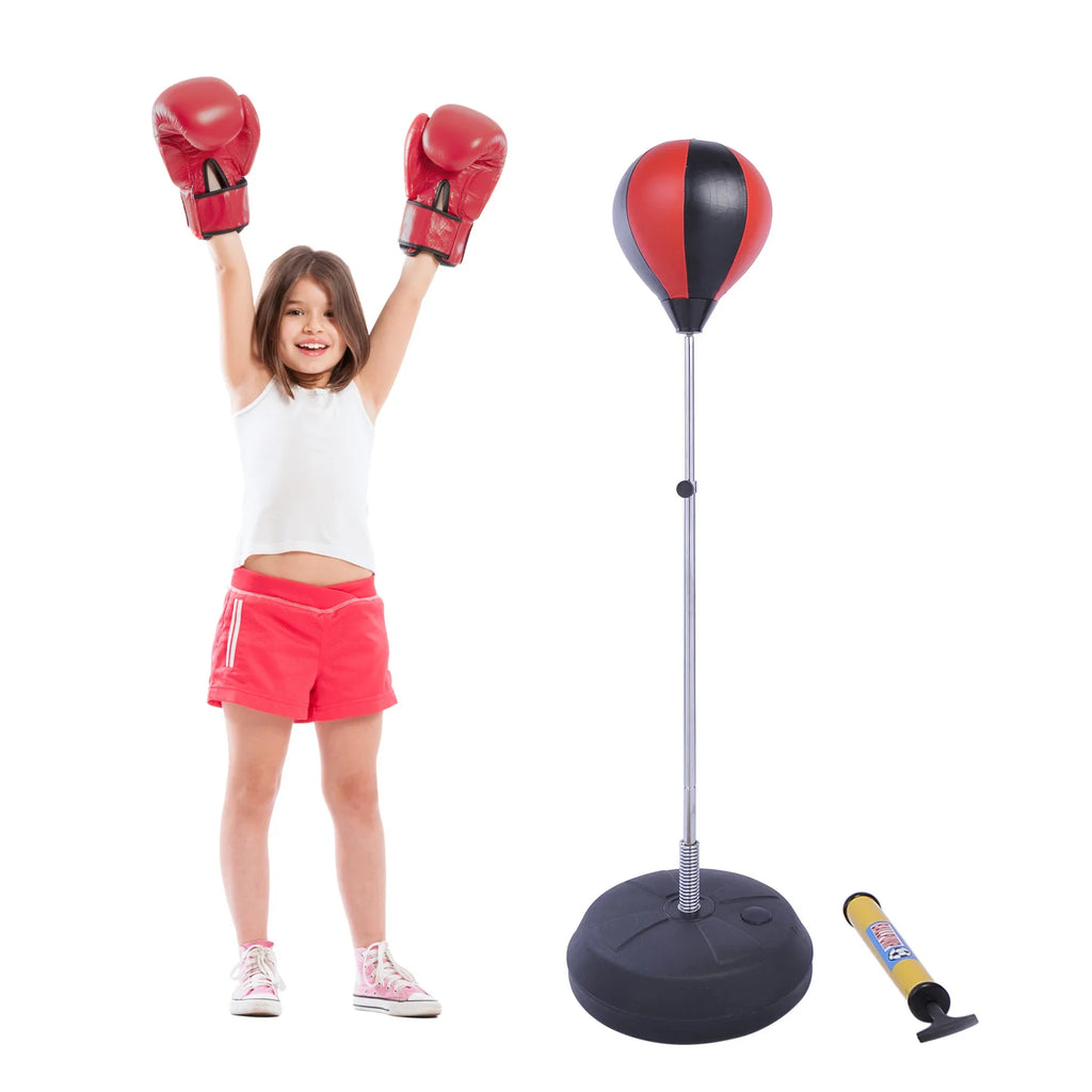 HOMCOM Training Boxing Punch Ball Set 125-145H x Φ43cm with Gloves Air Pump, 4-Position Adjustable Height Freestanding Boxing