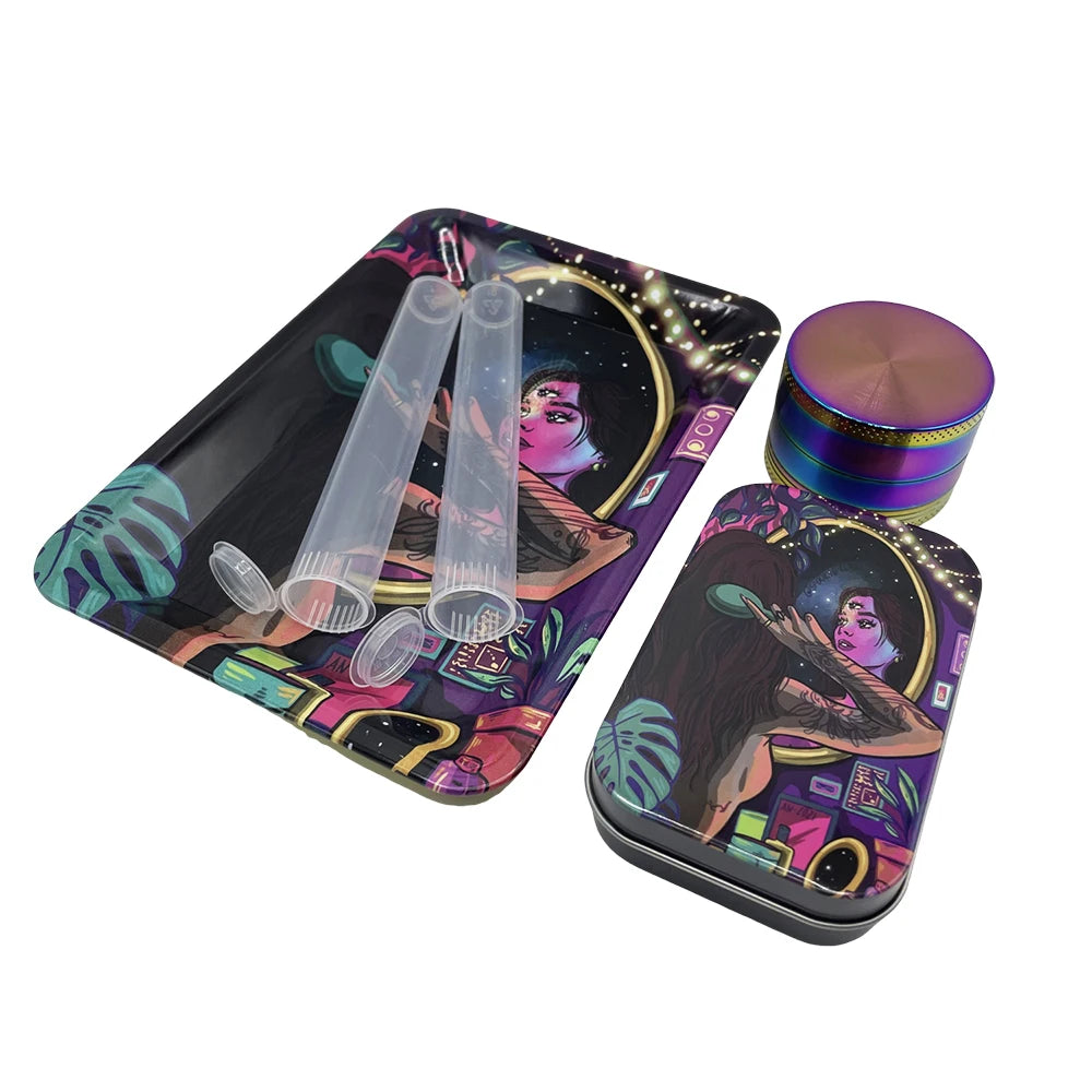 5Pcs/set 116mm Tobacco Storage Tube Metal Rolling Tray  Grinder  Smoking Kit